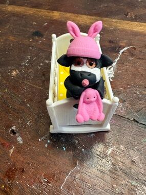 Cute Black Cow Figurine with Pink Bunny Hat & Plush